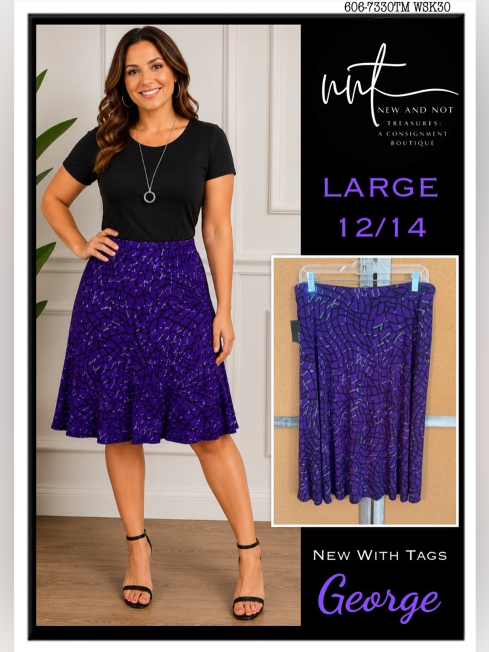 NWT George Purple Abstract Print Pull-On Knit Skirt Women’s Large 12/14 Stretch